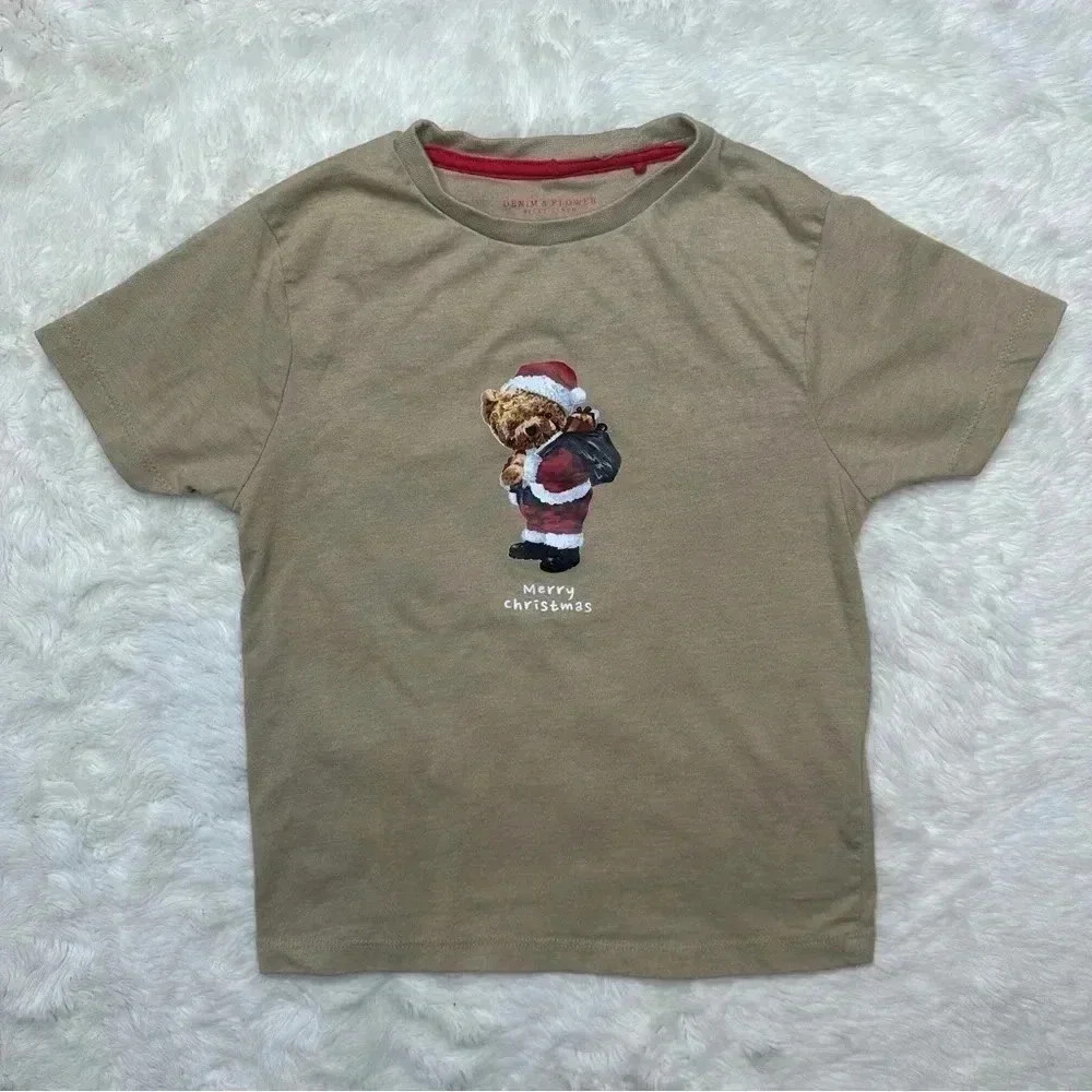 Denim & Flower T-Shirt Christmas Bear Tan Size 6